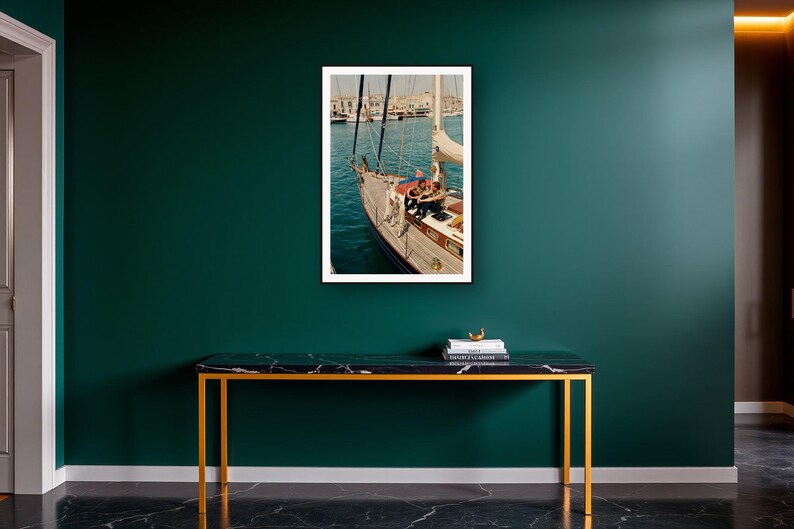 German Shepherd Wall Art art print on a brass and black console vignette