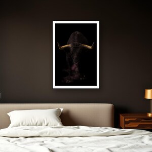 Bull Wall Art art print framed in a dark luxury bedroom