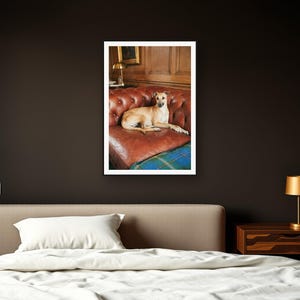 Whippet Wall Art art print framed in a dark luxury bedroom