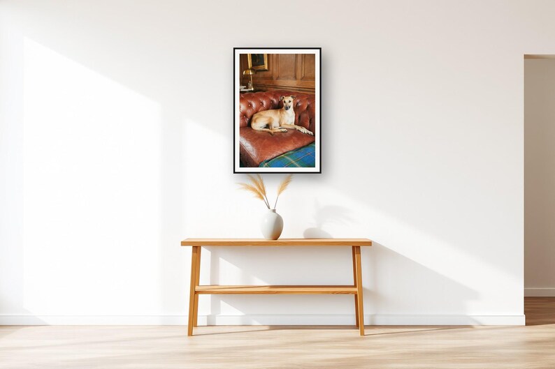 Whippet Wall Art art print displayed above an entry console table