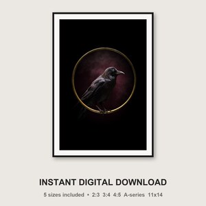 Raven messing ring print | Zwartgoud gotische decoratie (digitale download) afbeelding 3