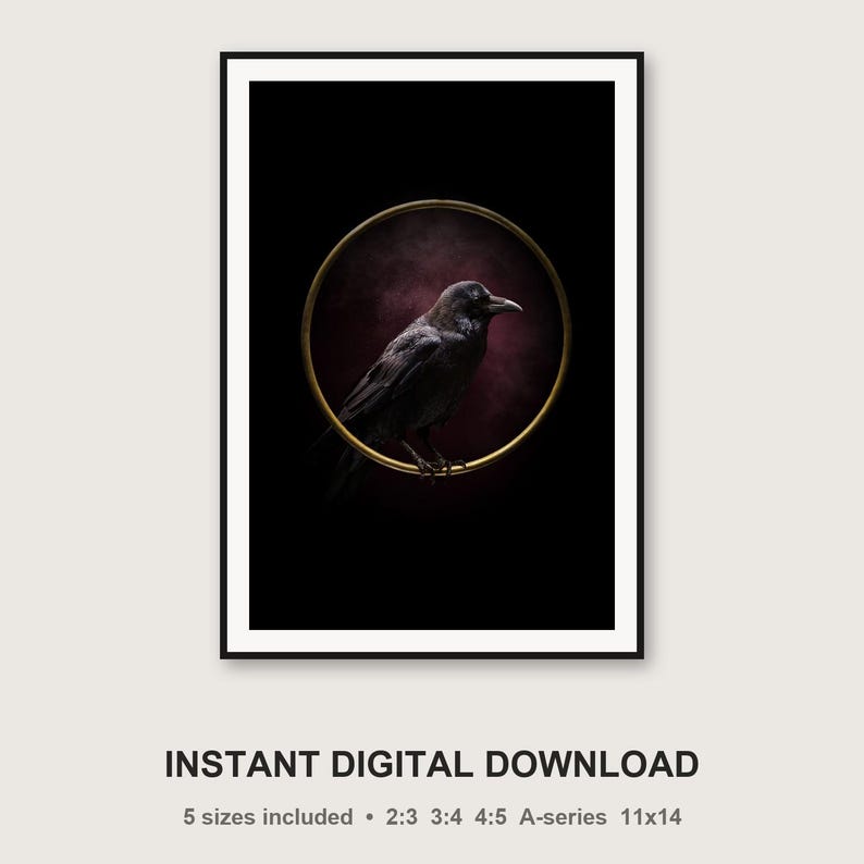 Raven messing ring print | Zwartgoud gotische decoratie (digitale download) afbeelding 3