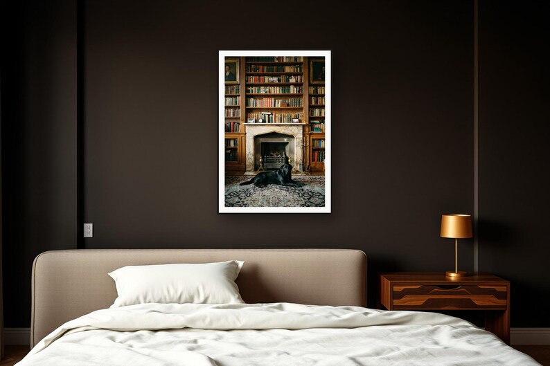 Black Labrador Wall Art art print framed in a dark luxury bedroom