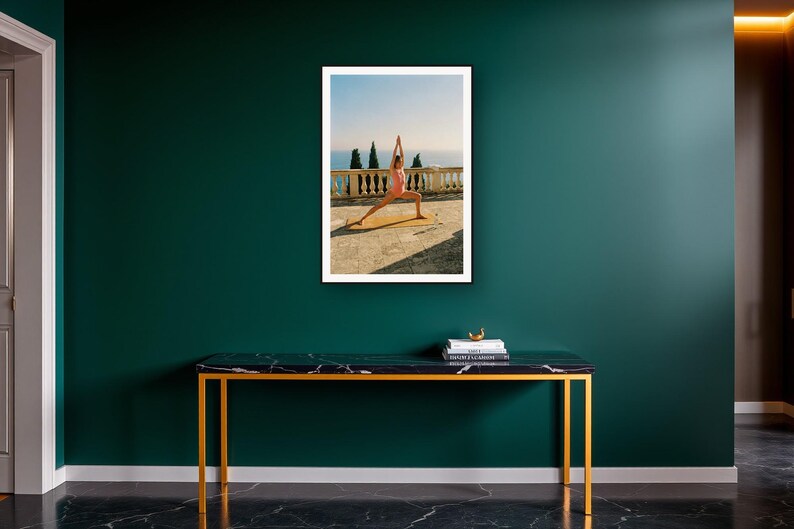 Yoga Wall Art art print on a brass and black console vignette