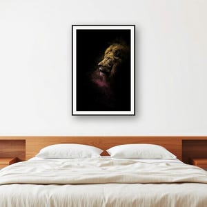 Lion Wall Art Print | Brass Rimmed Mane, Black Gold Animal Decor (Digital Download) image 2