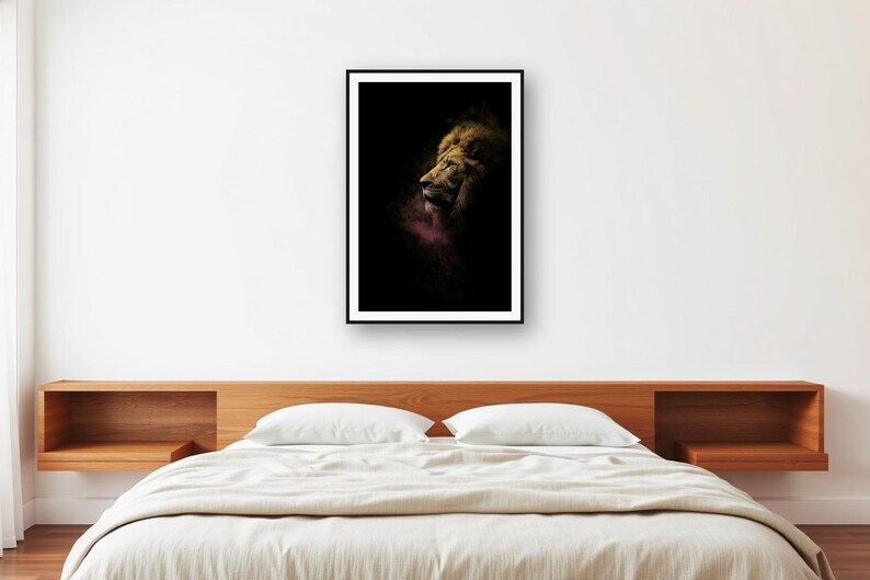Lion Wall Art Print | Brass Rimmed Mane, Black Gold Animal Decor (Digital Download) image 2