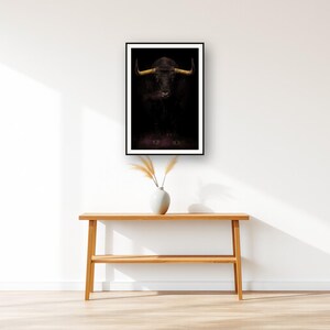 Bull Wall Art II art print displayed above an entry console table