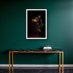 Doberman Wall Art art print on a brass and black console vignette