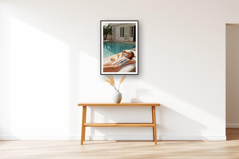 Poolside Wall Art art print displayed above an entry console table