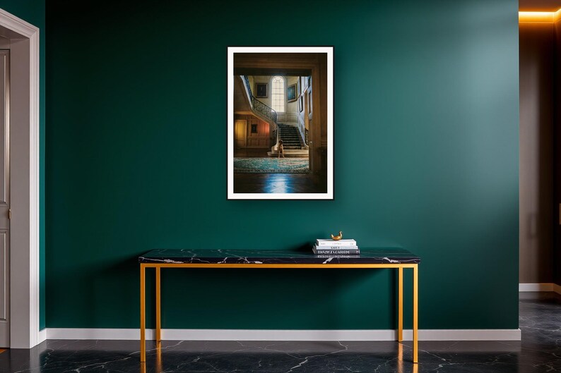 Great Dane Wall Art art print on a brass and black console vignette