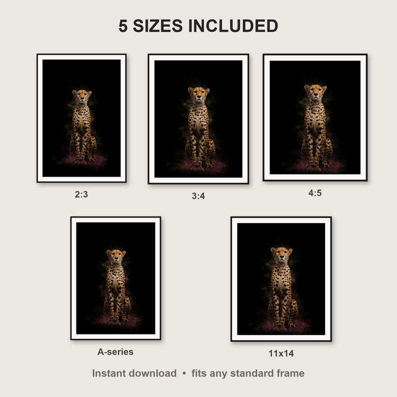 Cheetah Wall Art print size chart - 5 ratios included: 2:3, 3:4, 4:5, 11x14, ISO A