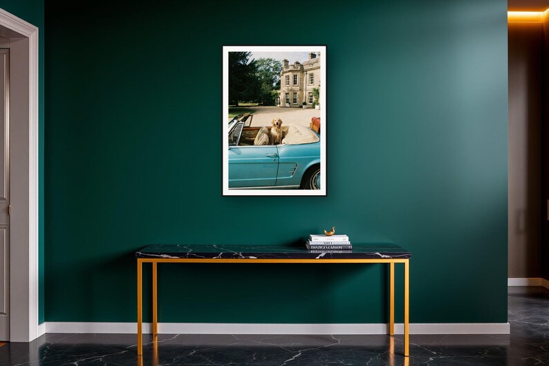 Golden Retriever Wall Art art print on a brass and black console vignette