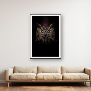 Affiche Hibou grand-duc | Décoration murale de luxe sombre avec bordure en laiton (Téléchargement numérique) image 1