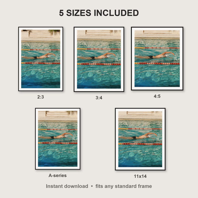 Swimmer Wall Art print size chart - 5 ratios included: 2:3, 3:4, 4:5, 11x14, ISO A