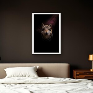 Wolf Wall Art art print framed in a dark luxury bedroom