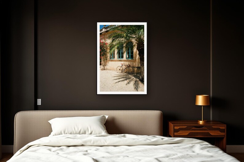Vintage Bicycle Wall Art art print framed in a dark luxury bedroom