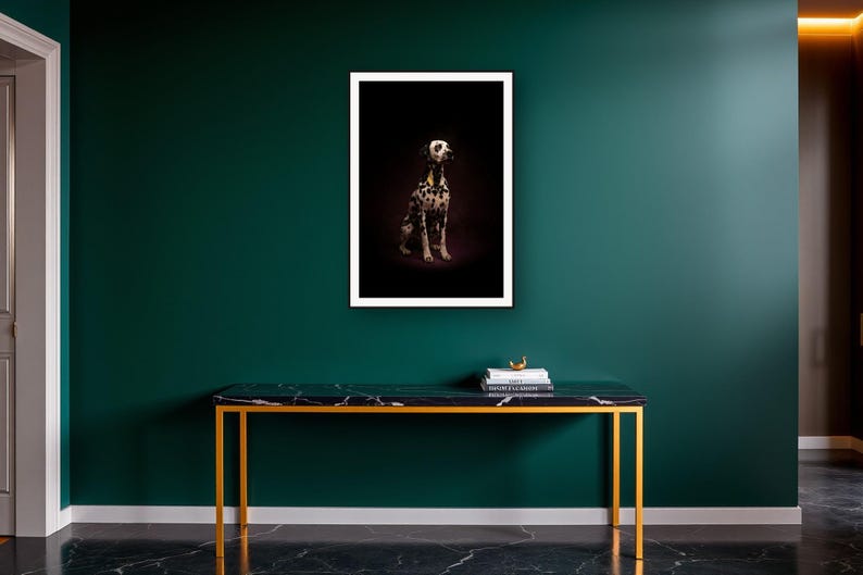 Dalmatian Wall Art art print on a brass and black console vignette