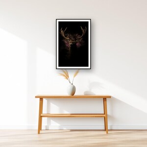 Stag Wall Art art print displayed above an entry console table