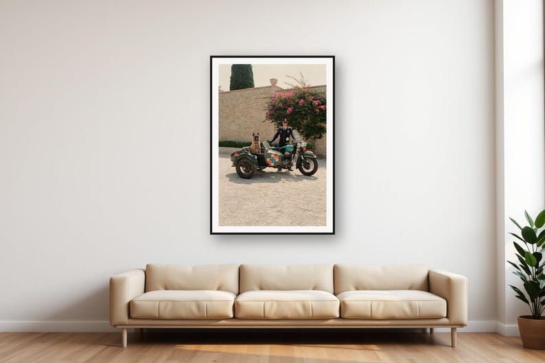 Lámina con sidecar de motocicleta de pastor belga malinois / Foto divertida de perro con gafas (descarga digital) imagen 1
