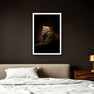 Lioness Wall Art art print framed in a dark luxury bedroom
