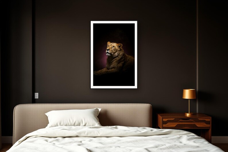 Lioness Wall Art art print framed in a dark luxury bedroom
