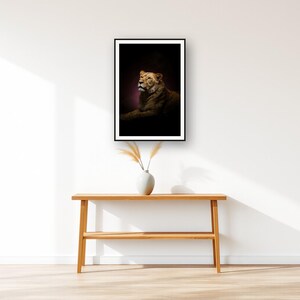 Lioness Wall Art art print displayed above an entry console table
