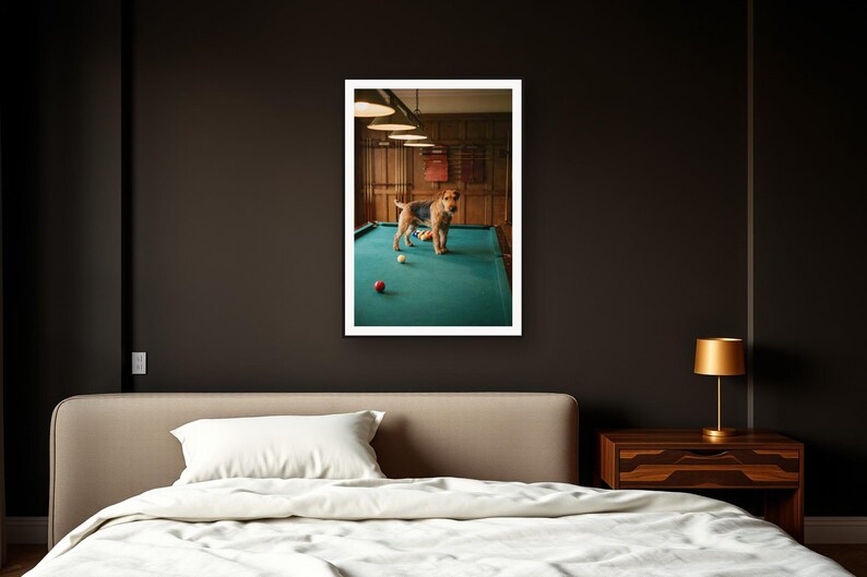 Wire Fox Terrier Wall Art art print framed in a dark luxury bedroom