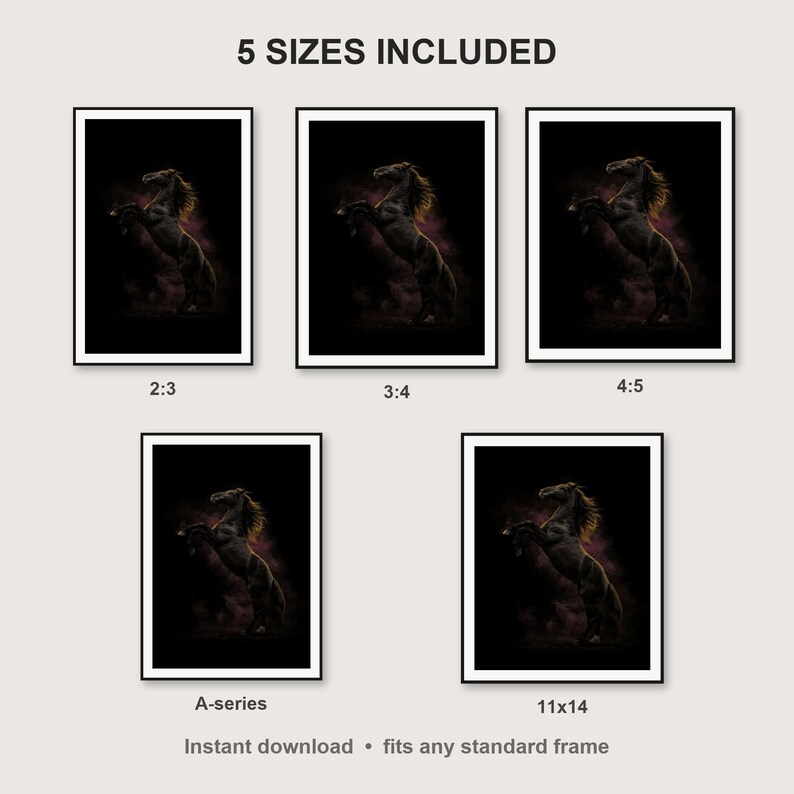 Black Stallion Wall Art print size chart - 5 ratios included: 2:3, 3:4, 4:5, 11x14, ISO A