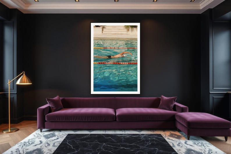 Swimmer Wall Art art print framed in a luxury living room
