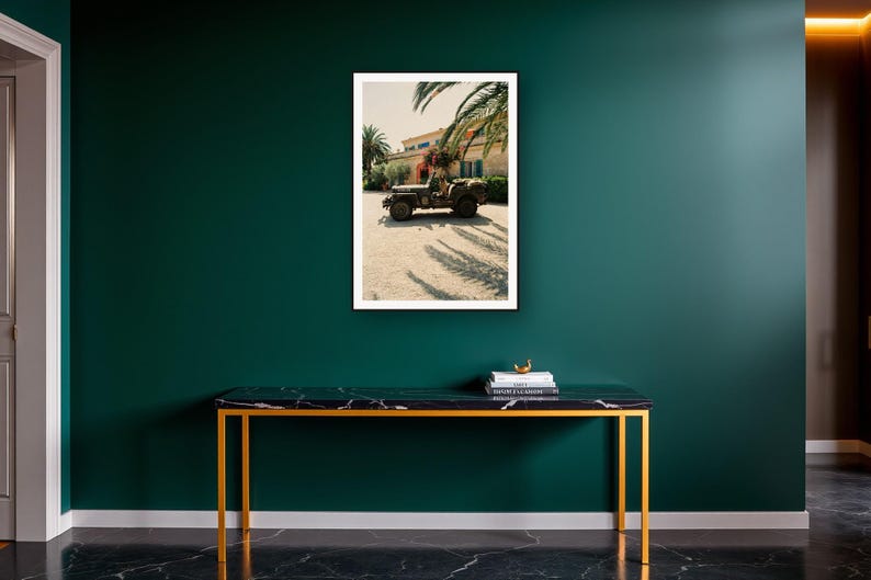 German Shepherd Wall Art art print on a brass and black console vignette