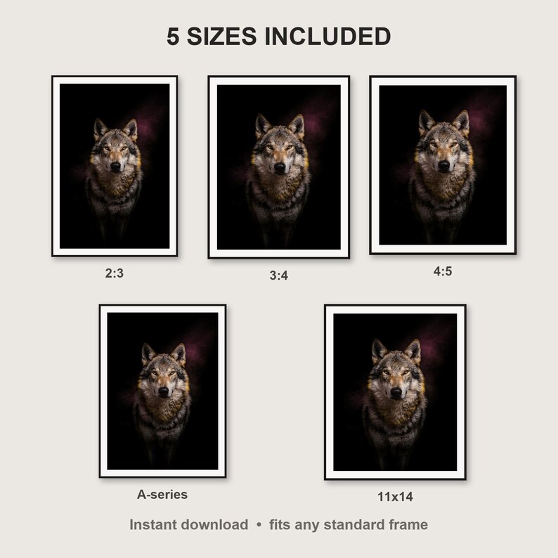 Wolf Wall Art II print size chart - 5 ratios included: 2:3, 3:4, 4:5, 11x14, ISO A