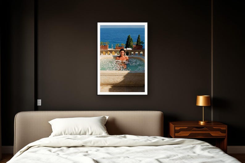 Ice Bath Wall Art art print framed in a dark luxury bedroom