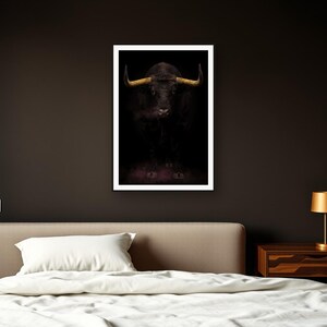 Bull Wall Art II art print framed in a dark luxury bedroom