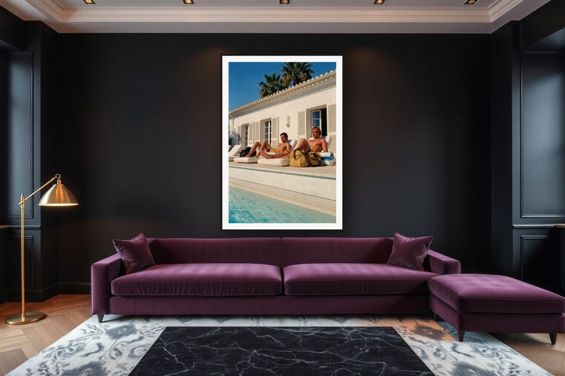 Poolside Athletes Wall Art art print framed in a luxury living room