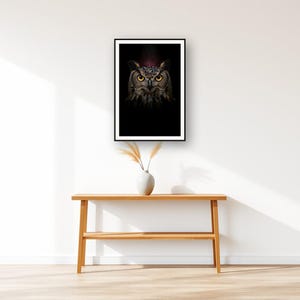 Owl Wall Art art print displayed above an entry console table