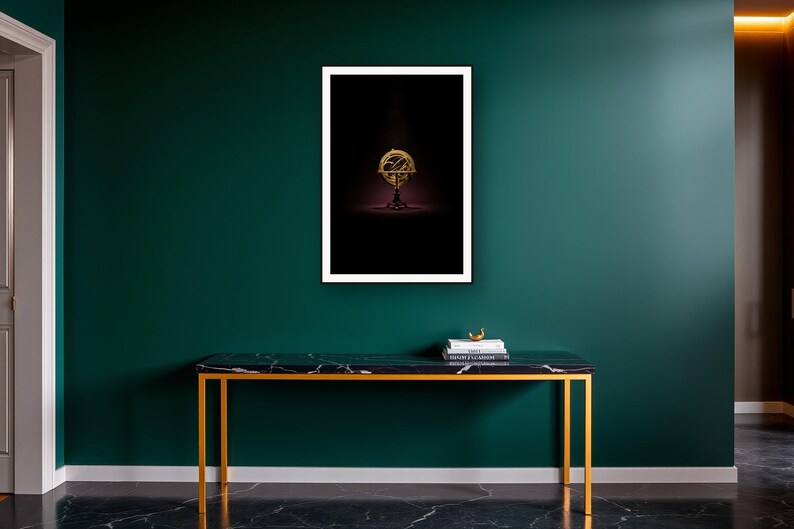Alchemy Wall Art art print on a brass and black console vignette