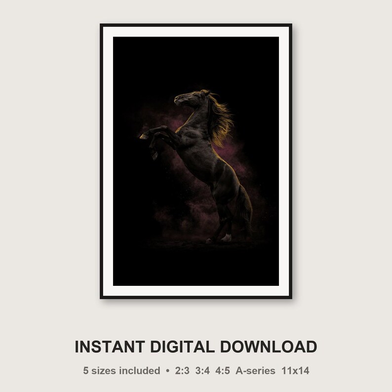 Black Stallion Rearing Print | Brass Light Horse Animal Decor (Digital Download) image 3