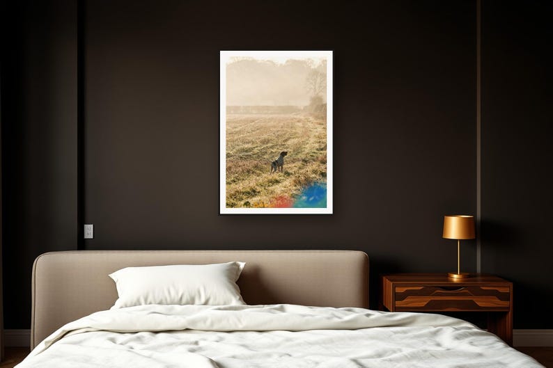 English Pointer Wall Art art print framed in a dark luxury bedroom