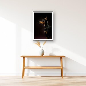 Doberman Wall Art art print displayed above an entry console table