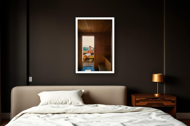 Sauna Wall Art art print framed in a dark luxury bedroom