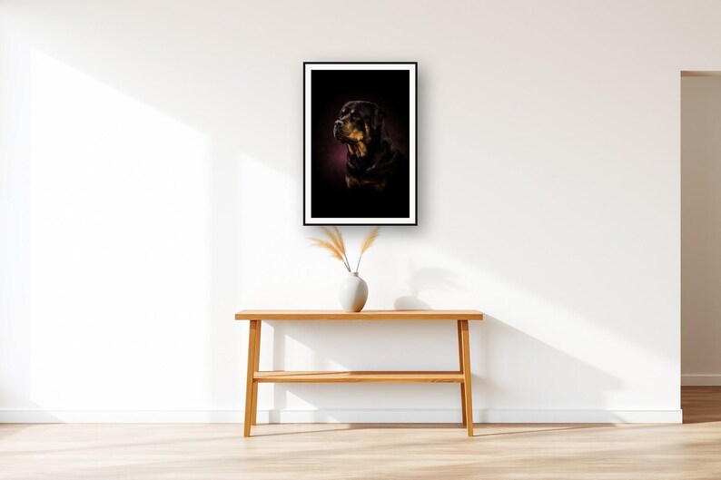 Rottweiler Wall Art II art print displayed above an entry console table