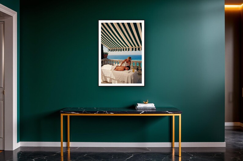 Massage Wall Art art print on a brass and black console vignette