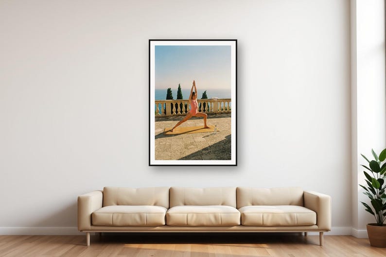 Yoga Warrior Pose Print | Vintage Villa Terrace Morning Photo (Digital Download) image 1