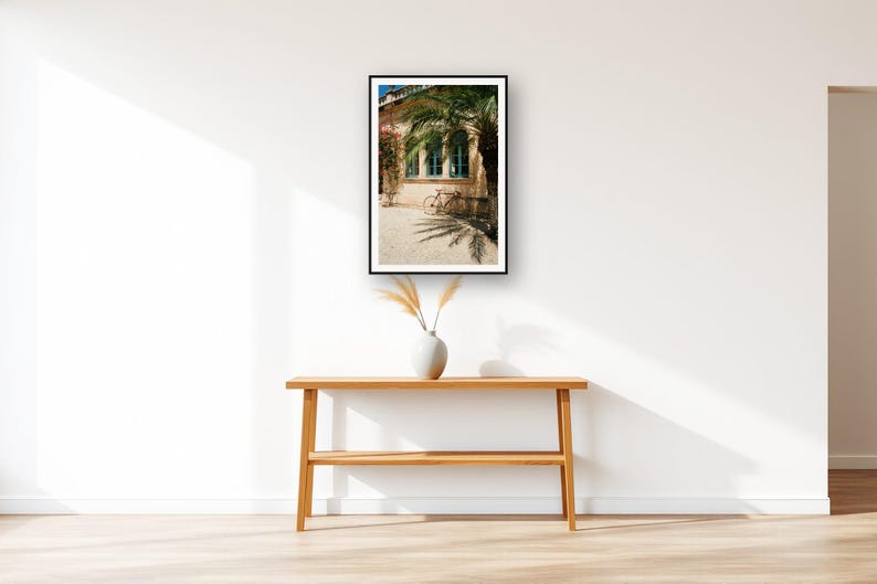 Vintage Bicycle Wall Art art print displayed above an entry console table