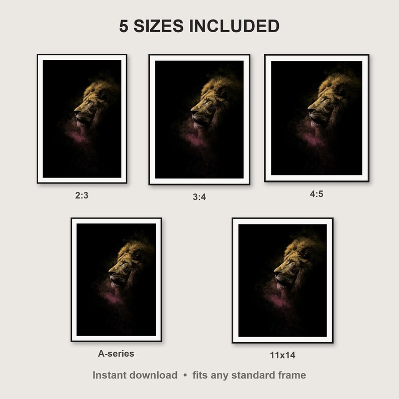 Lion Wall Art print size chart - 5 ratios included: 2:3, 3:4, 4:5, 11x14, ISO A