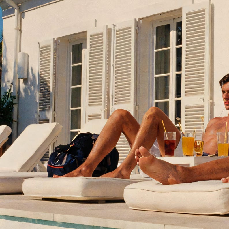 Close-up detail of Poolside Athletes Wall Art art print