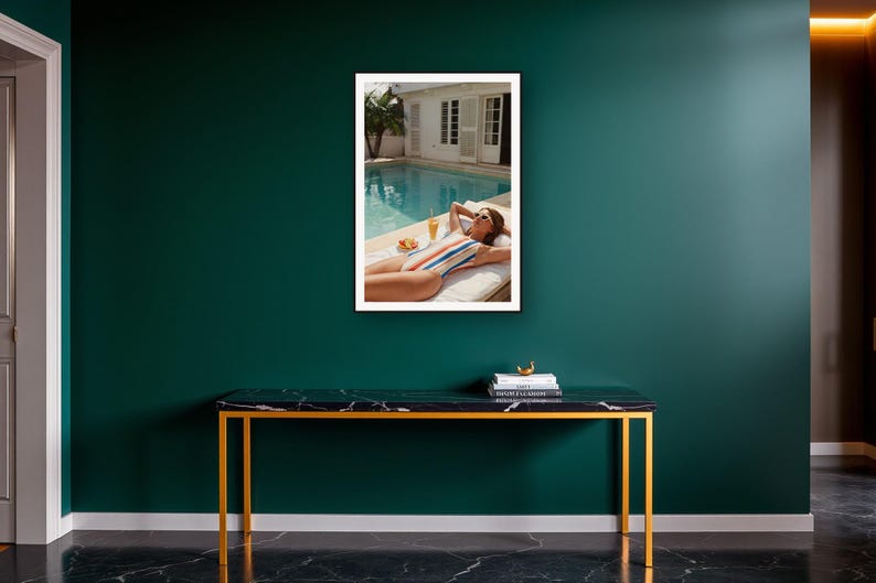 Poolside Wall Art art print on a brass and black console vignette