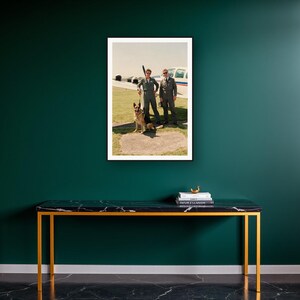 German Shepherd Wall Art art print on a brass and black console vignette