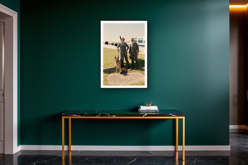 German Shepherd Wall Art art print on a brass and black console vignette