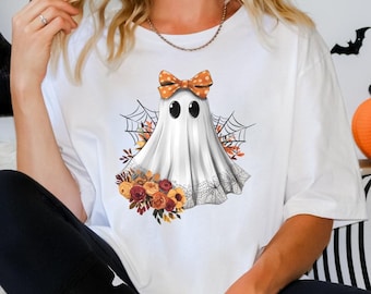 T-shirt fantasma floreale di Halloween / Moda per la stagione spettrale / Adorabile maglietta fantasma / Graziosa maglietta grafica fantasma ispirata all'autunno / Abbigliamento autunnale